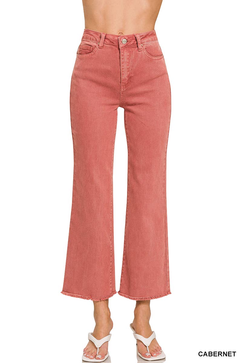 Zenana HR Frayed Hem Bootcut Crop Jeans - Cabernet