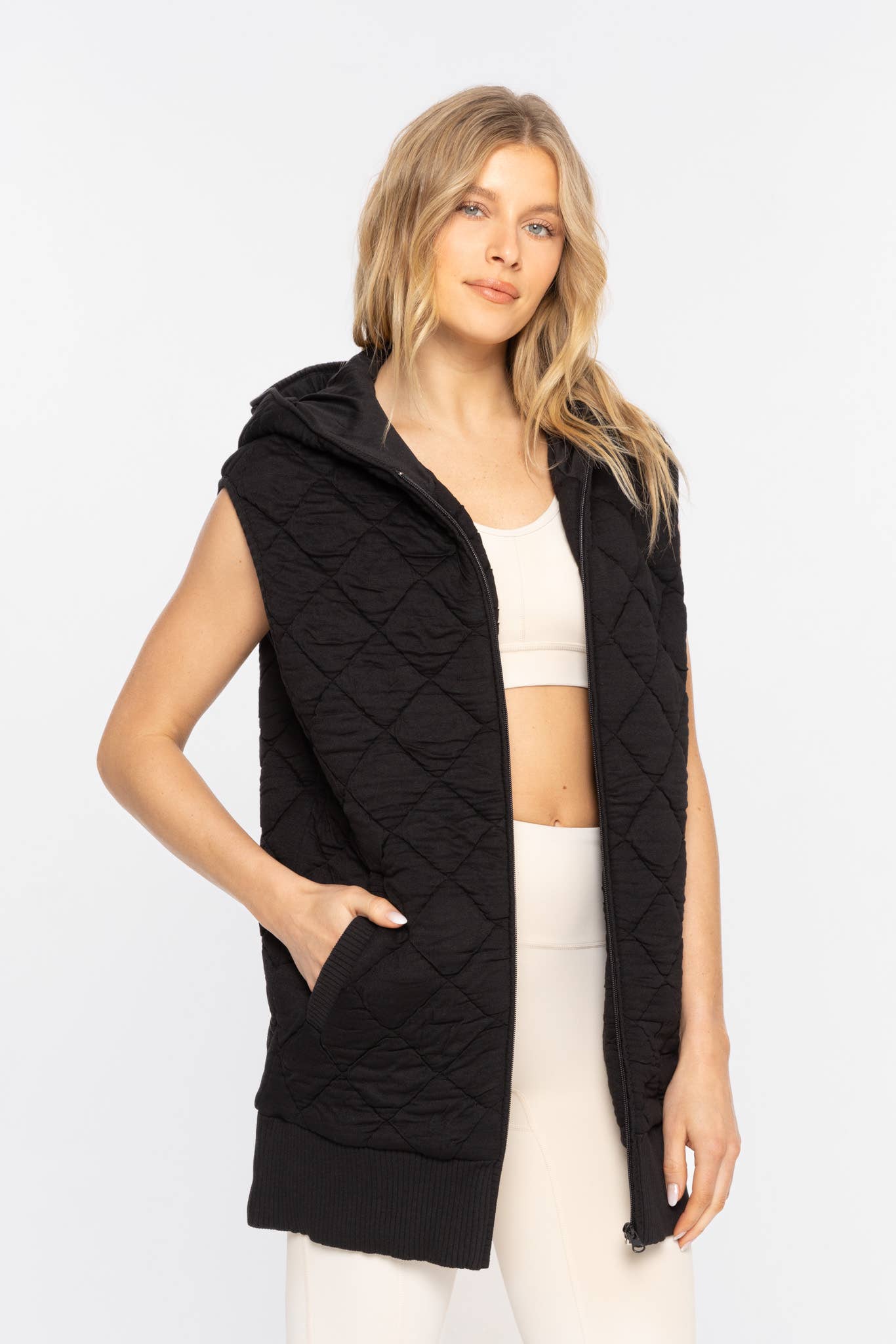 Oversized Quilted Fleece Vest with Hood