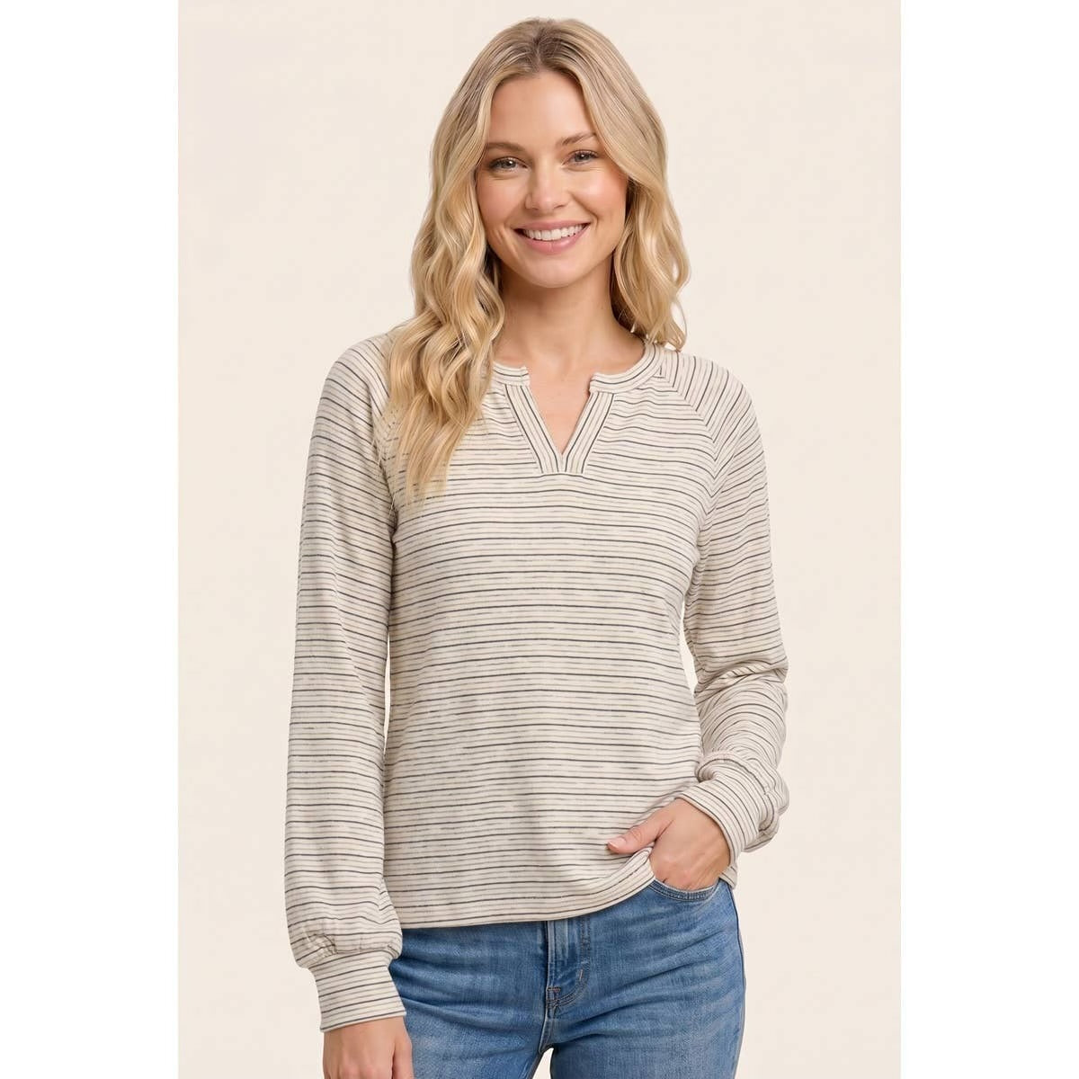 Split Neck Micro Brushed Stripe Top