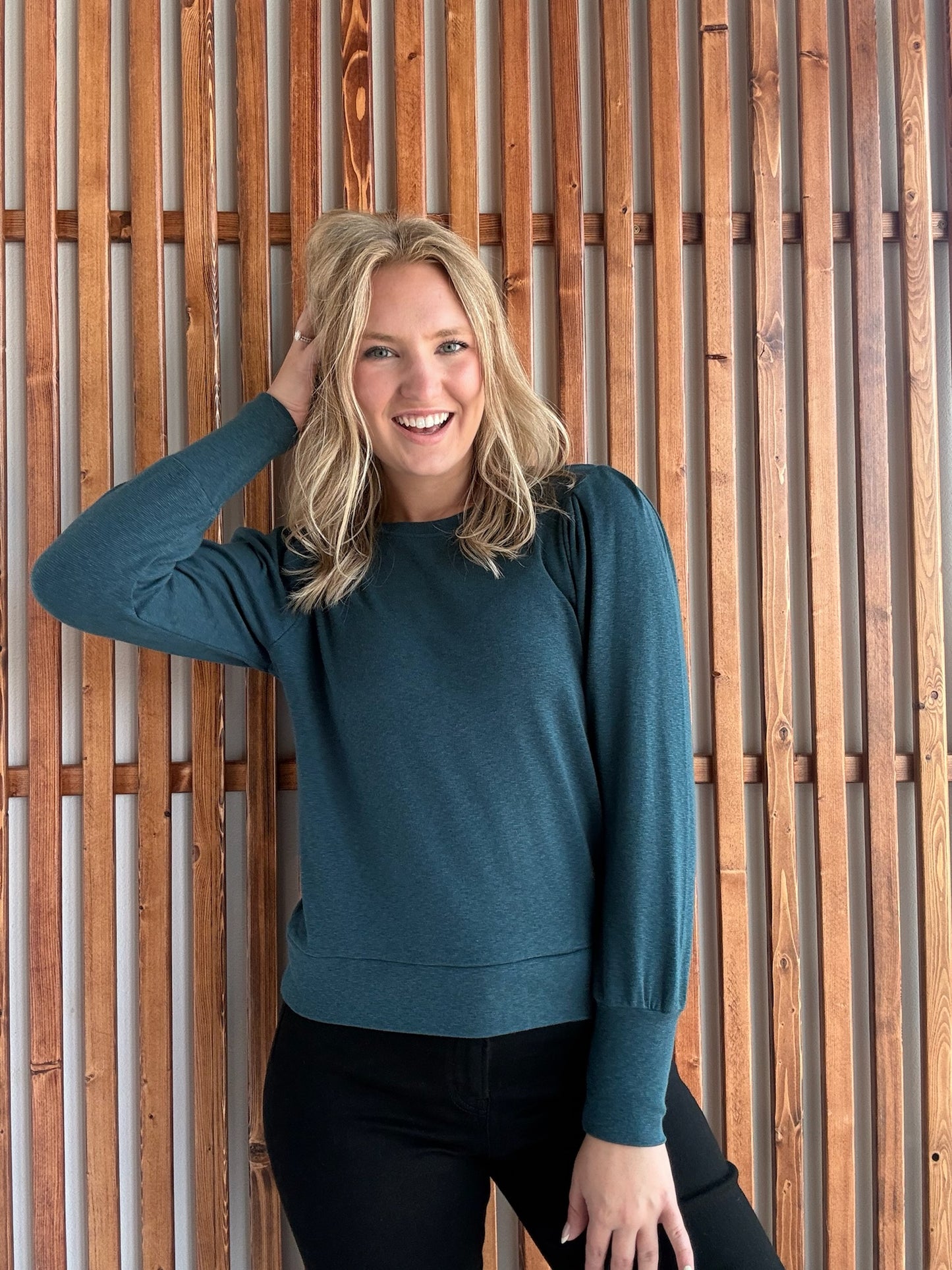 Pleated Ballon Sleeve Sweater - Teal