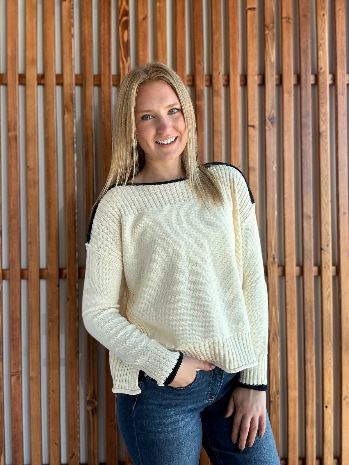 Boatneck Cream and Navy Sweater