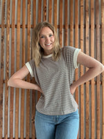 Stripe Contrast Trim Rib Banded Top - Brown