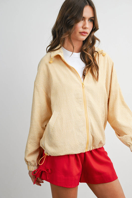 Stripped Collard Zip Front Drawstring Jacket