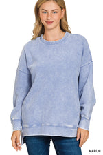 Acid Washed Double Ribbed Hi-Low Pullover - Marlin