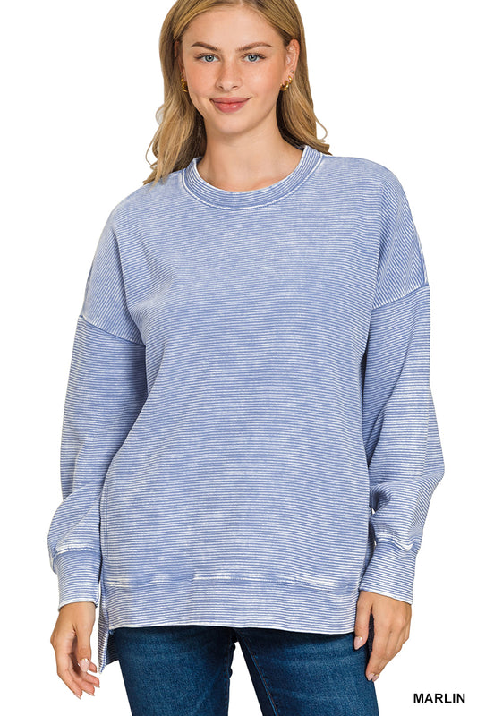 Acid Washed Double Ribbed Hi-Low Pullover - Marlin