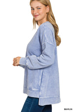Acid Washed Double Ribbed Hi-Low Pullover - Marlin