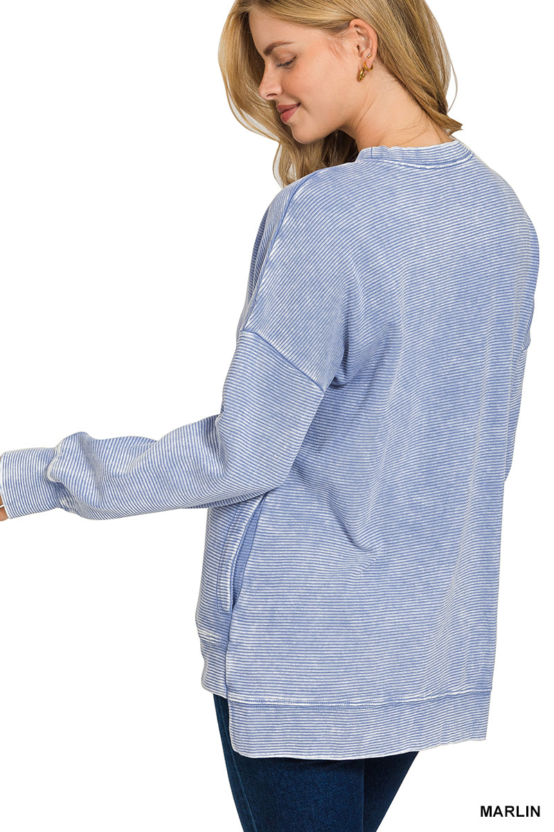 Acid Washed Double Ribbed Hi-Low Pullover - Marlin