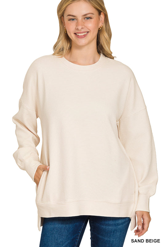 Acid Washed Double Ribbed Hi-Low Pullover - Sand Beige