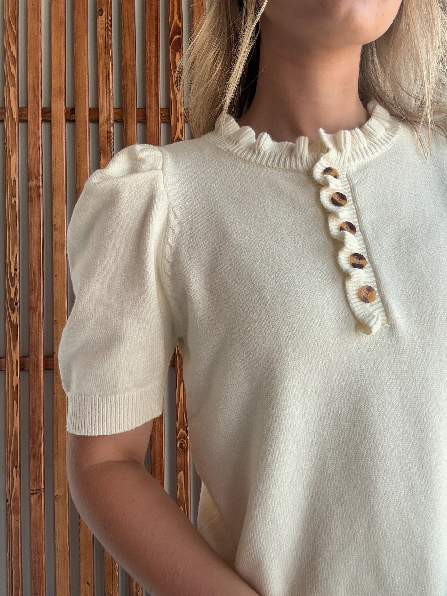 Short Puff Sleeve Ruffled Neck Sweater: Cream