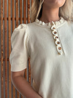 Short Puff Sleeve Ruffled Neck Sweater: Cream