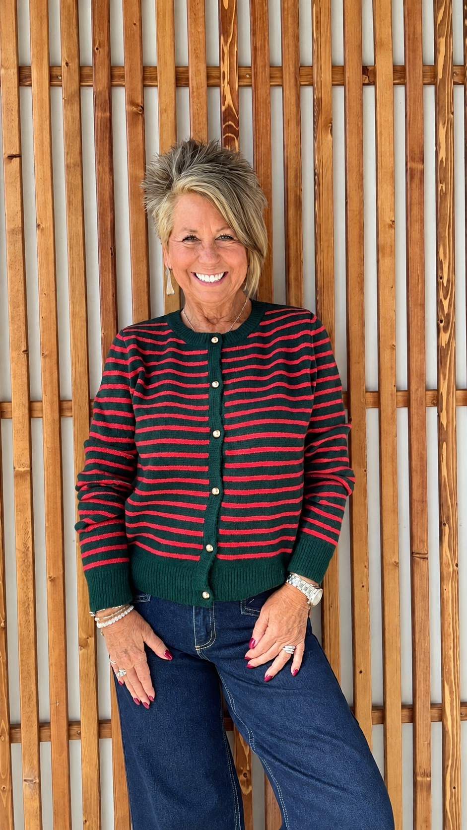 Holiday Striped Sweater with Gold Buttons
