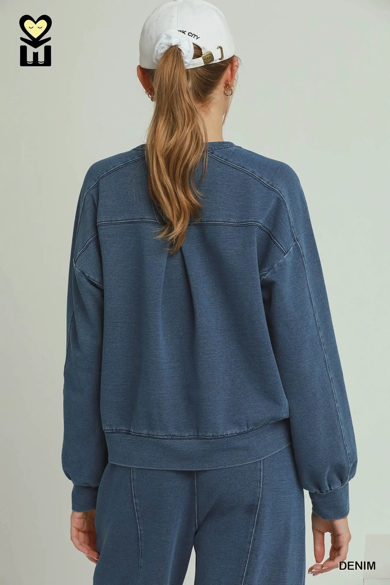 Denim Knit Washed Long Sleeve Crewneck