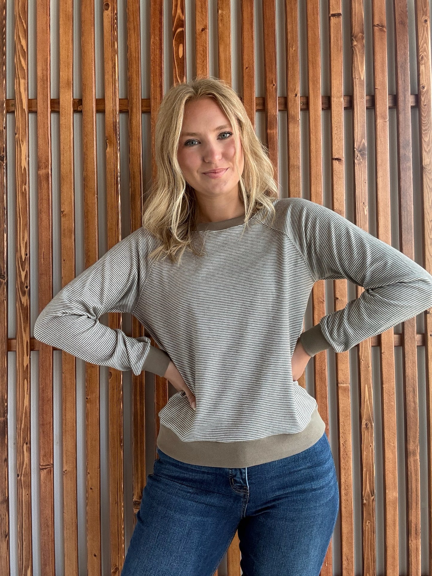 Crew Neck Pinstriped Top- Taupe