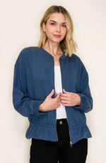 Blue Sky Ruffle Bomber Jacket
