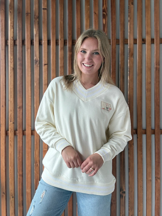 Floral Iowa V NeckSweatshirt: Cream