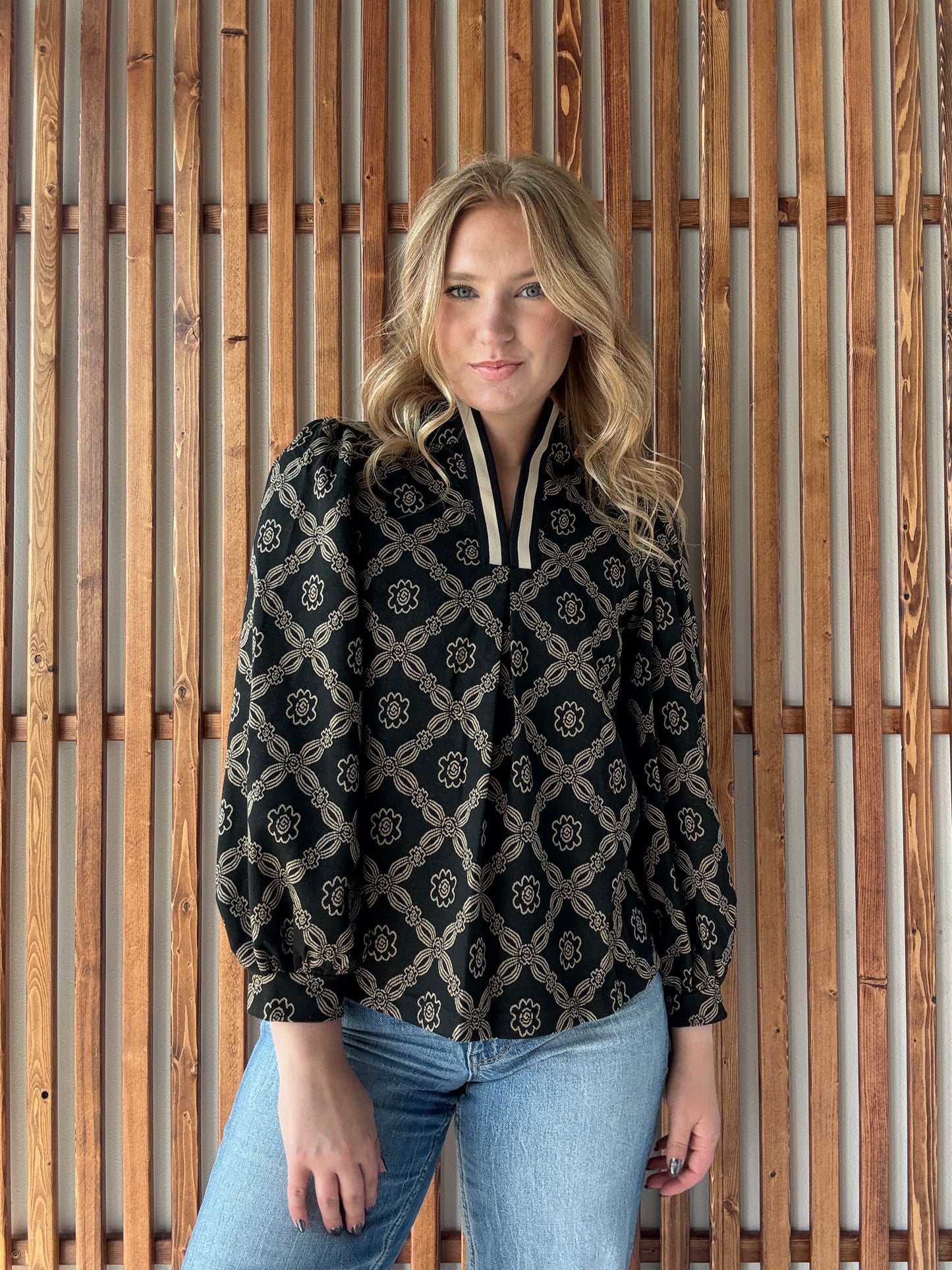 Black Abstract Print High Neck Top
