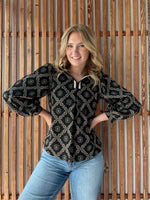 Black Abstract Print High Neck Top