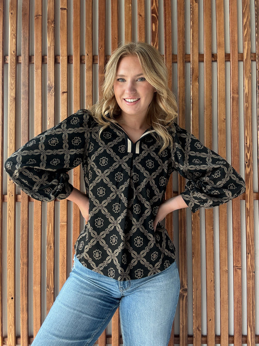 Black Abstract Print High Neck Top