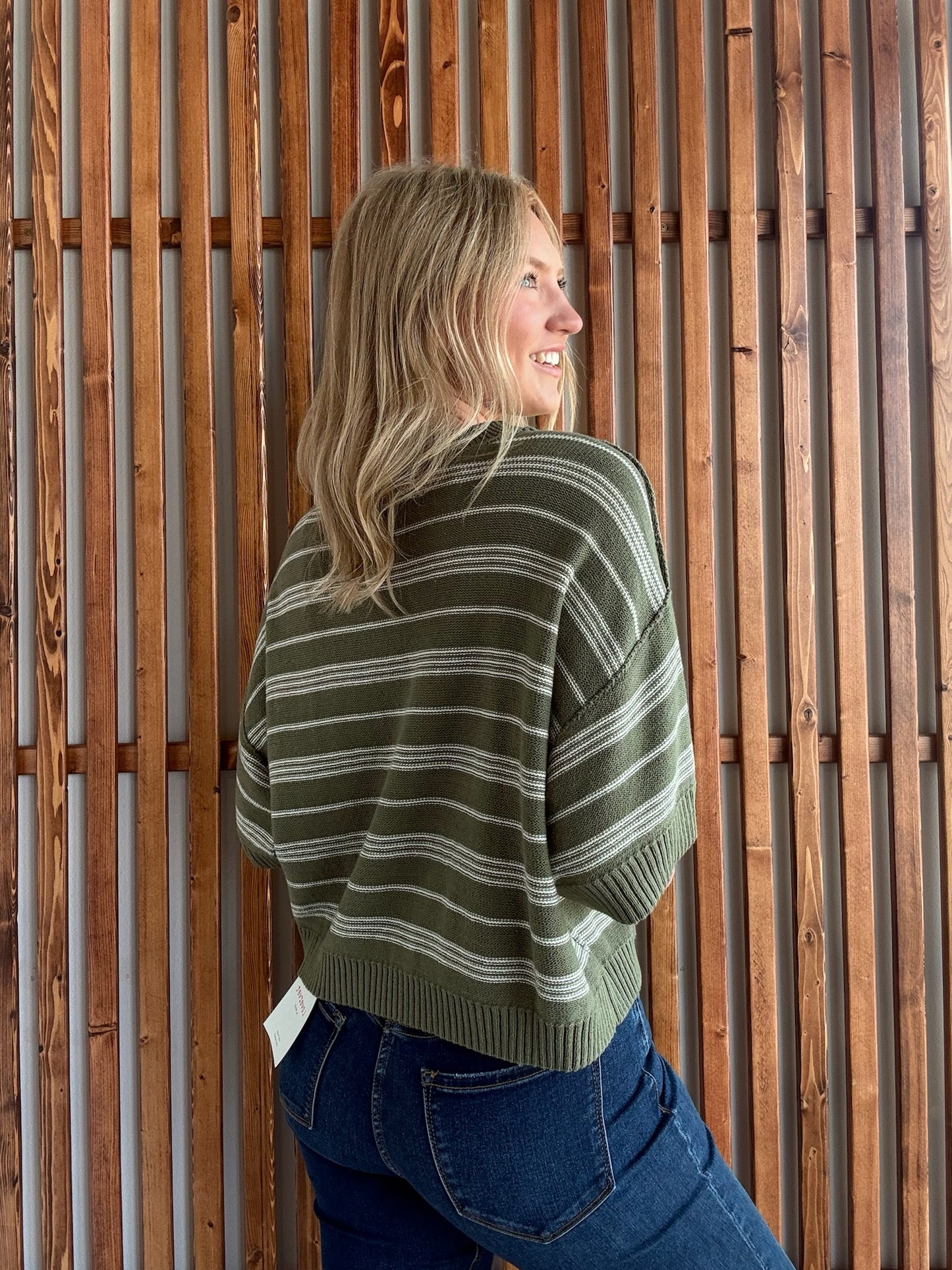Striped Drop Sleeve in Olive/Cream