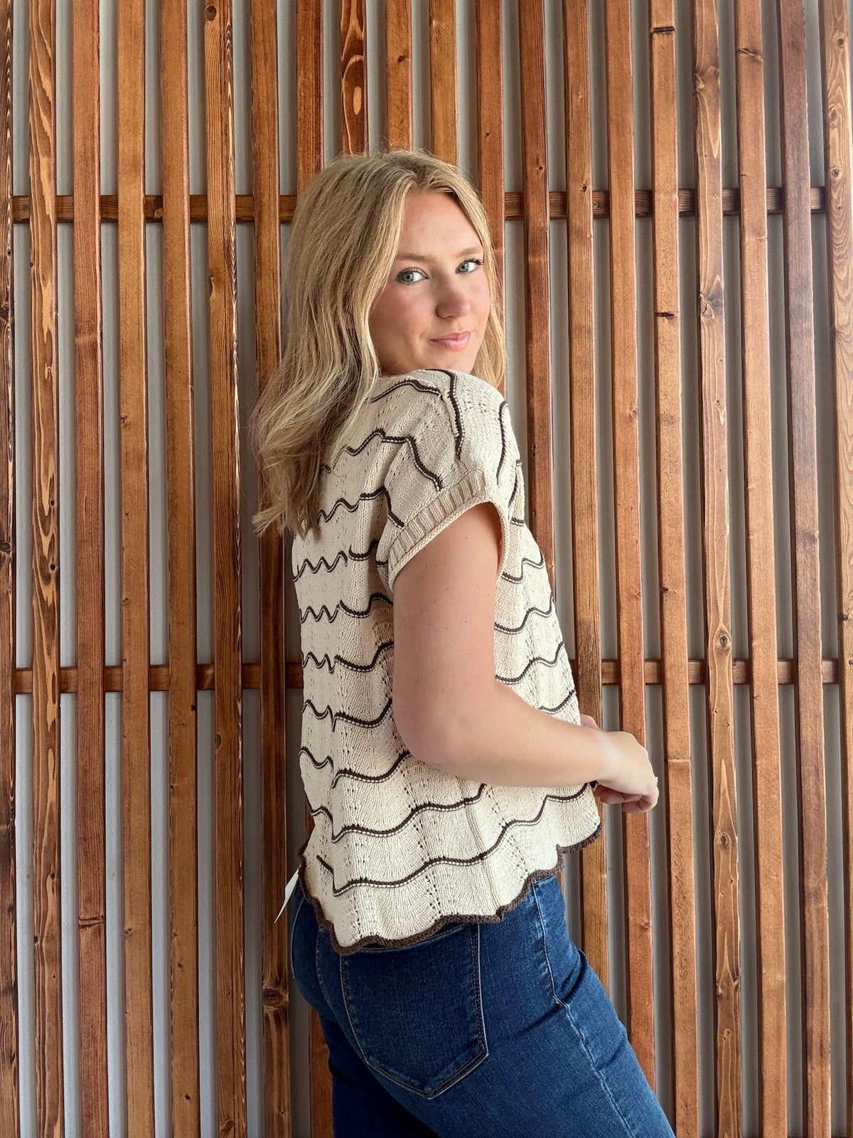 Lt. Taupe Scallop Striped Sweater Top