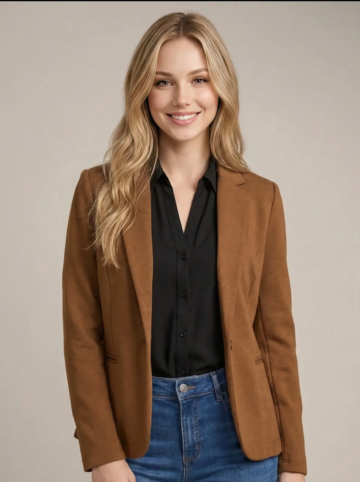 Knit Blazer with Sleeve Detail: Caramel