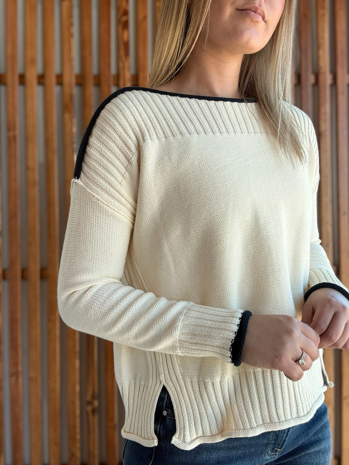Boatneck Cream and Navy Sweater