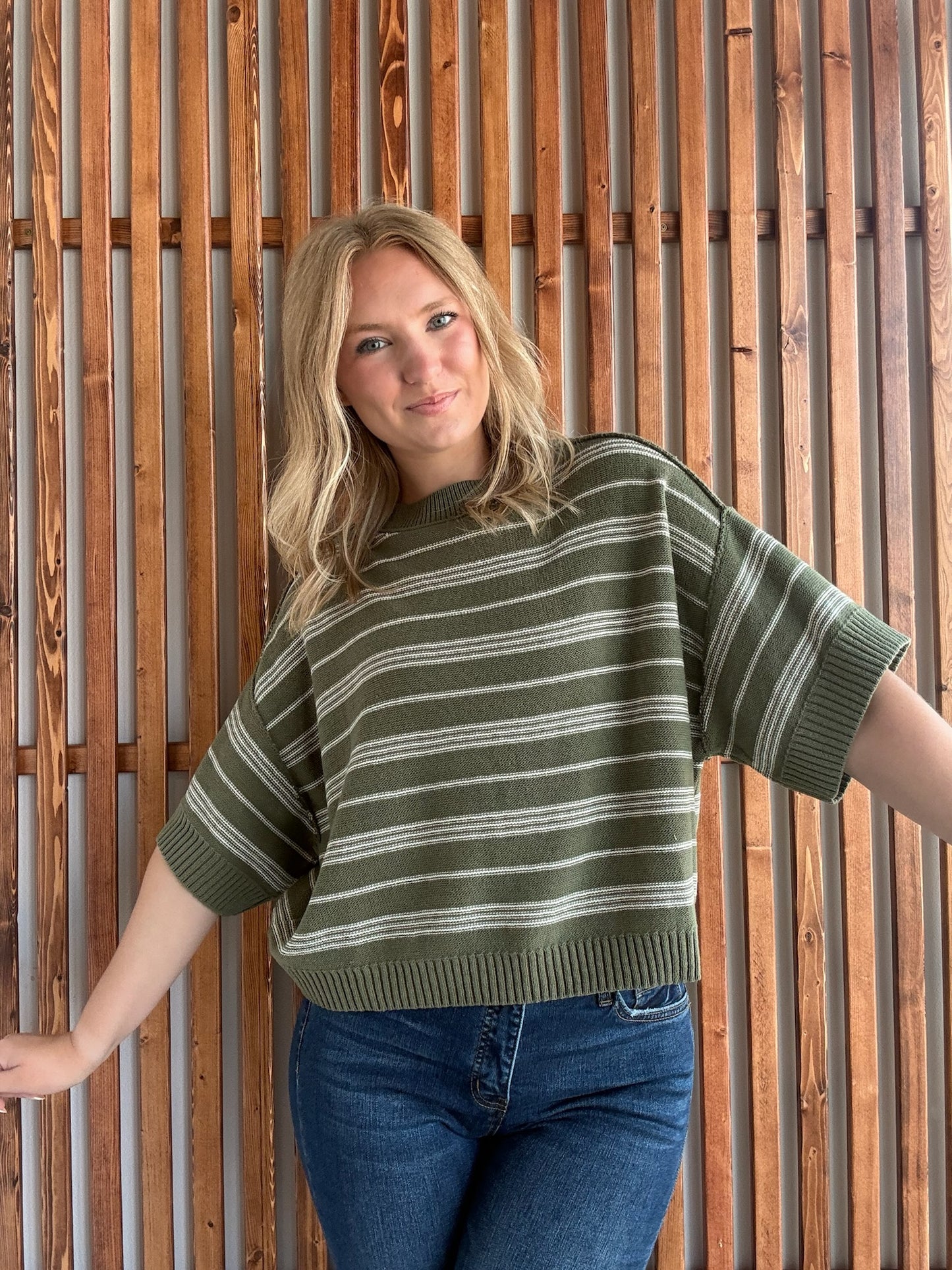 Striped Drop Sleeve in Olive/Cream