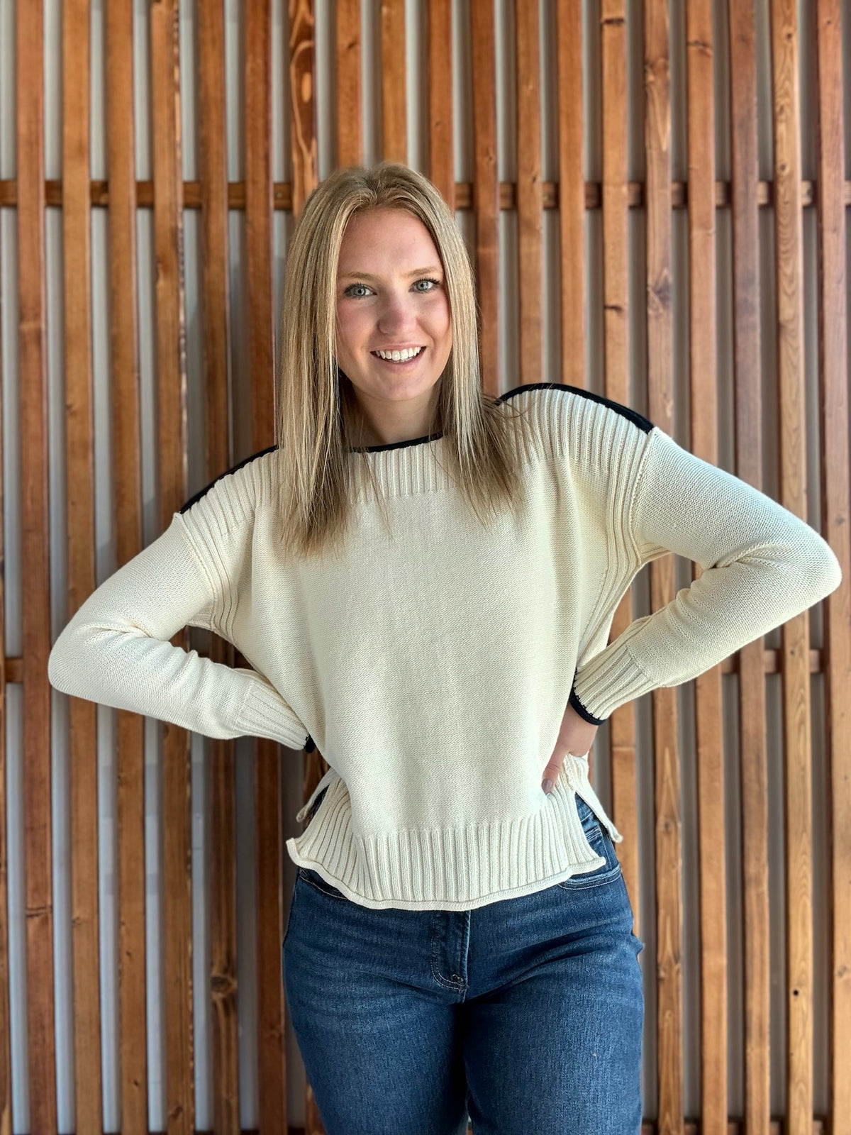 Boatneck Cream and Navy Sweater