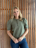 Short Puff Sleeve Ruffled Neck Sweater: Olive