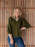 Collared Scallop Accent Trim Blouse - Olive