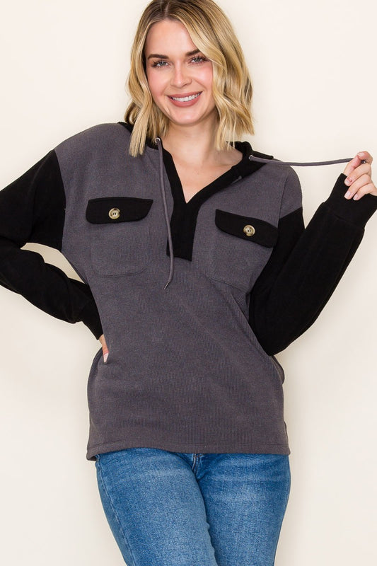 Color Blocked Hoodie Top - Black/Grey