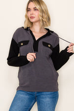 Color Blocked Hoodie Top - Black/Grey