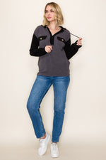 Color Blocked Hoodie Top - Black/Grey