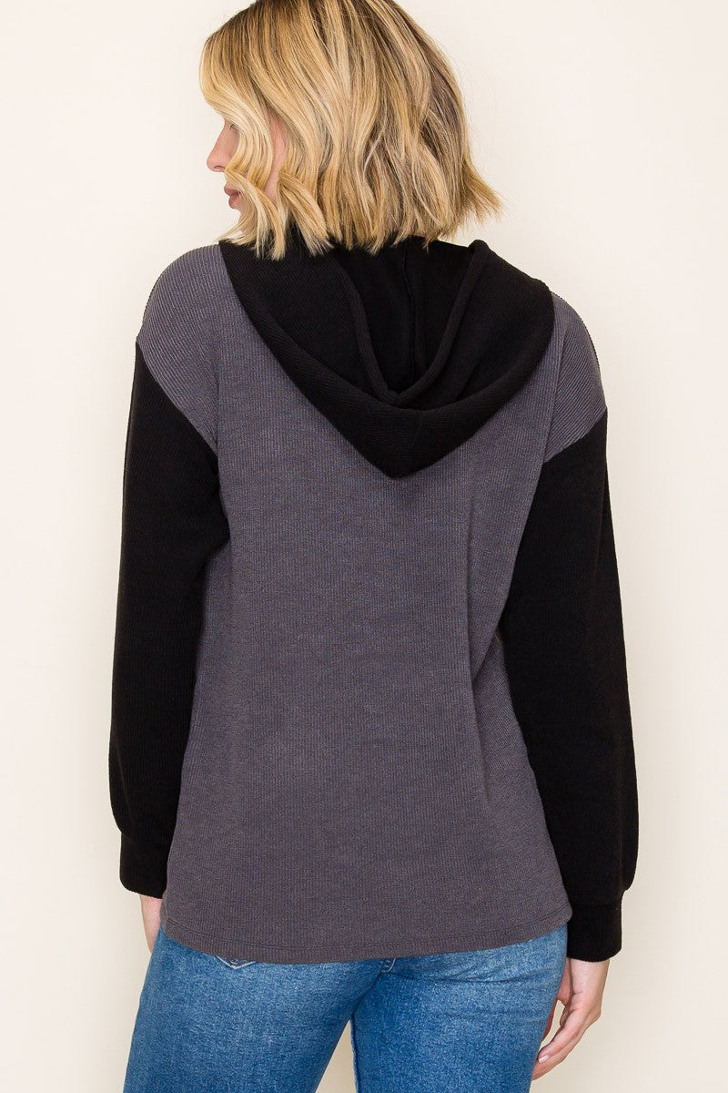 Color Blocked Hoodie Top - Black/Grey