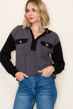 Color Blocked Hoodie Top - Black/Grey