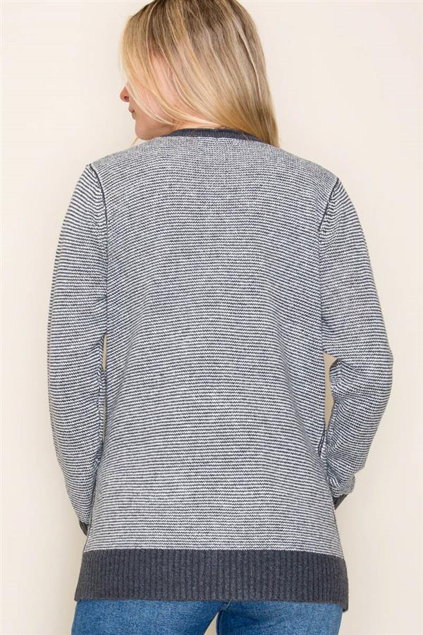 Contrast Trim Pinstripe Cardigan - Charcoal