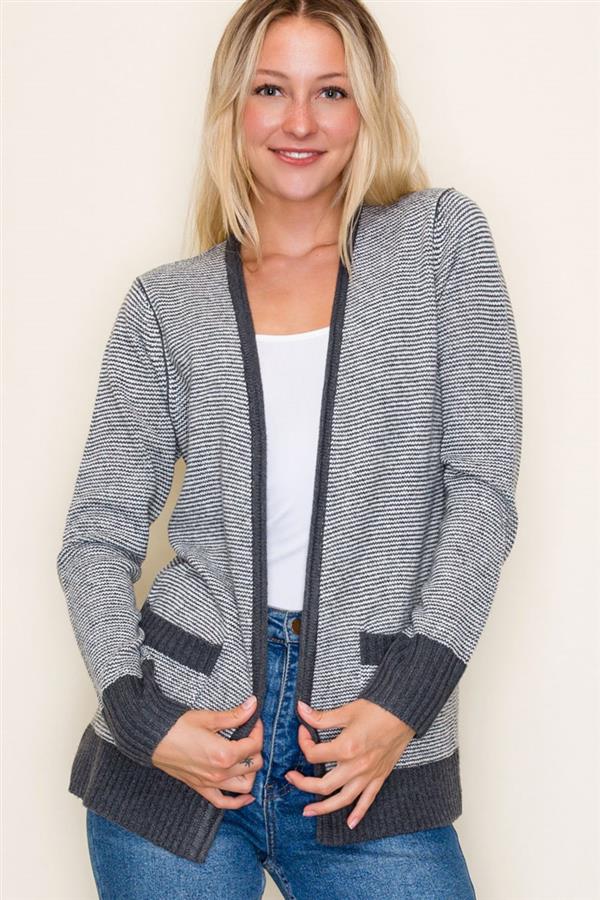 Contrast Trim Pinstripe Cardigan - Charcoal
