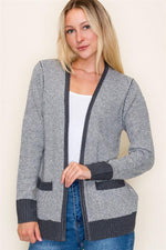 Contrast Trim Pinstripe Cardigan - Charcoal