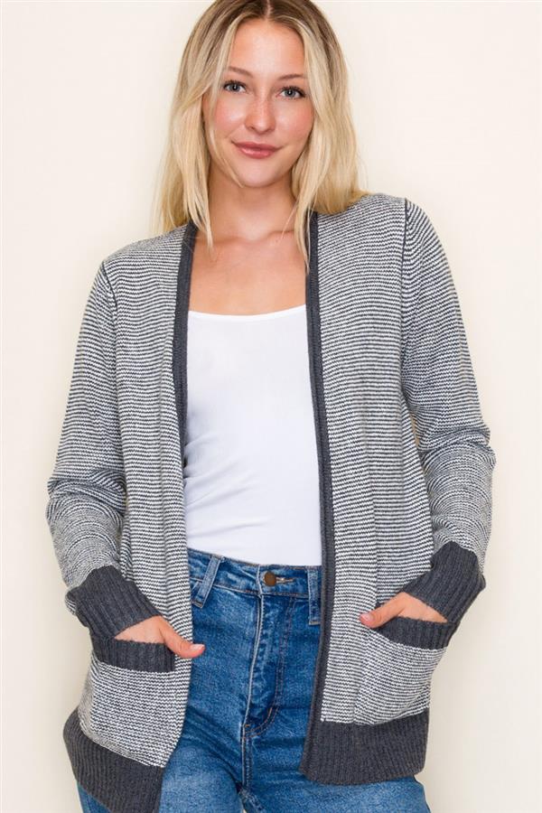 Contrast Trim Pinstripe Cardigan - Charcoal