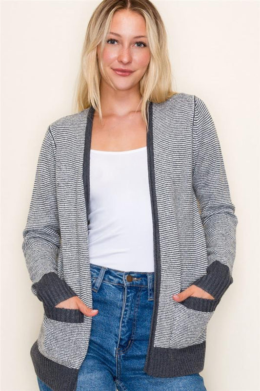 Contrast Trim Pinstripe Cardigan - Charcoal