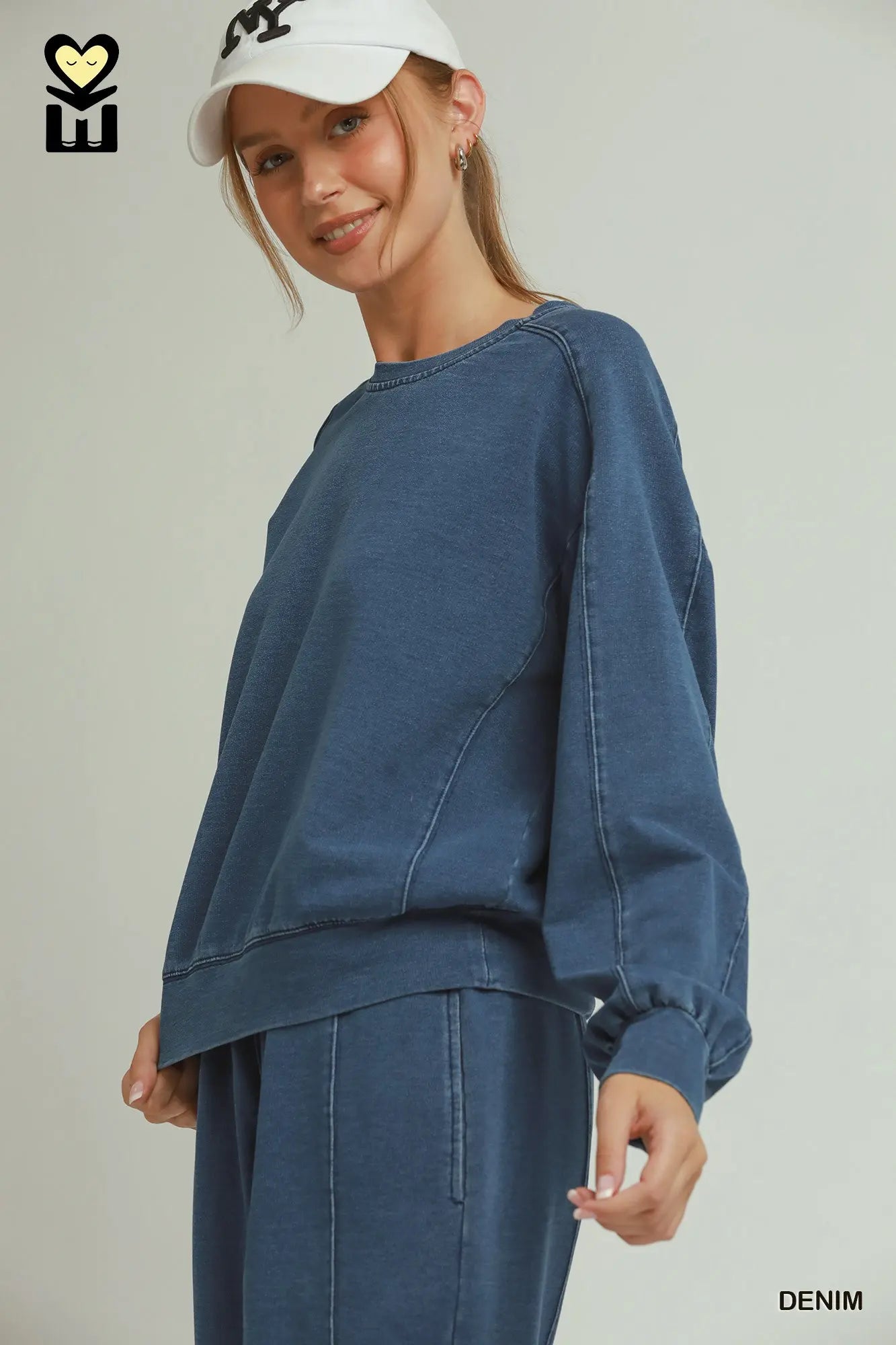 Denim Knit Washed Long Sleeve Crewneck