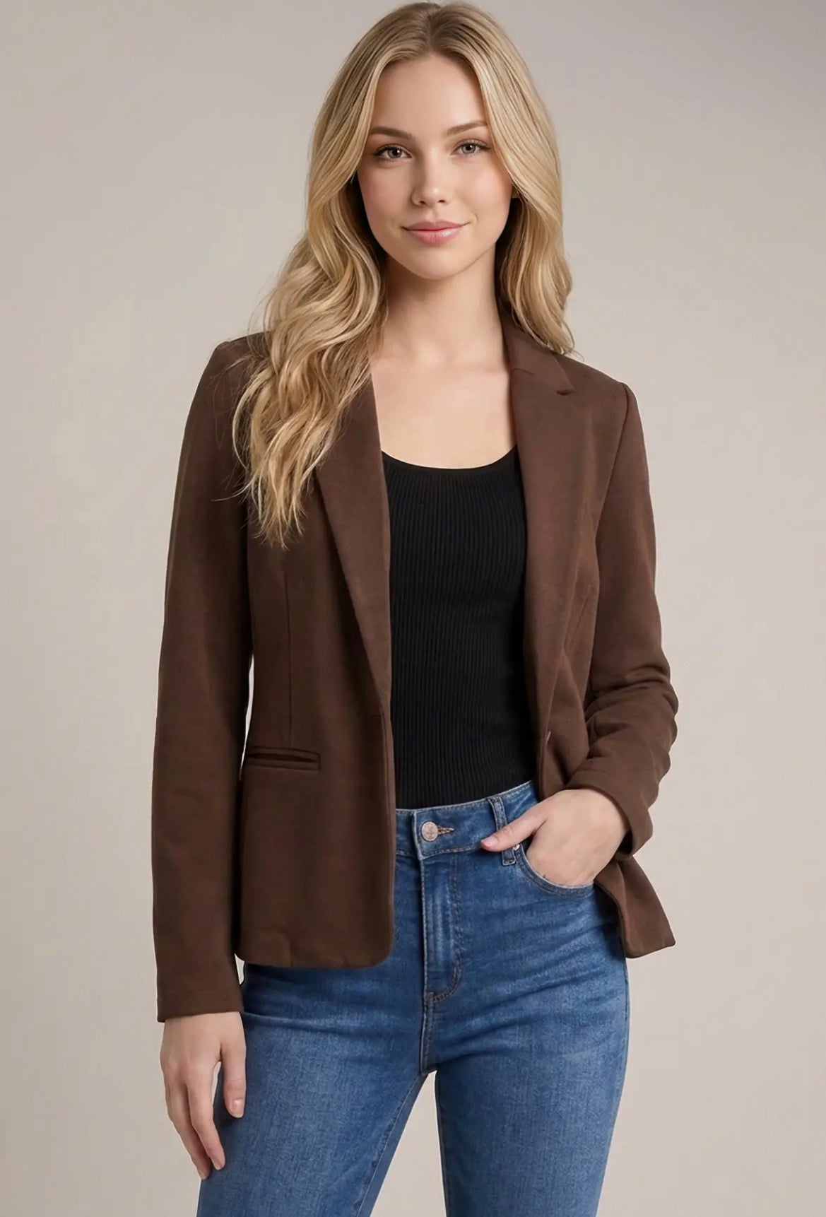 Knit Blazer with Sleeve Detail:Brown