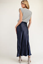 Navy Striped Satin Sleeveless Maxi Dress