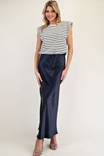 Navy Striped Satin Sleeveless Maxi Dress