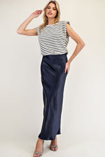 Navy Striped Satin Sleeveless Maxi Dress