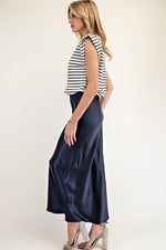 Navy Striped Satin Sleeveless Maxi Dress