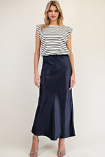 Navy Striped Satin Sleeveless Maxi Dress
