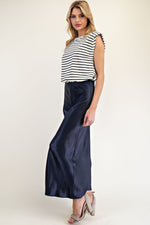 Navy Striped Satin Sleeveless Maxi Dress