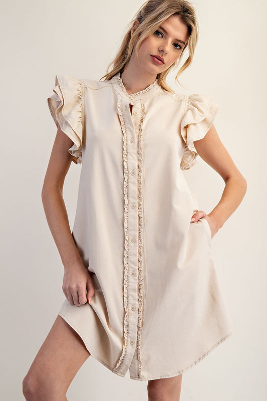 Bone Ruffle Sleeve Button Down Dress