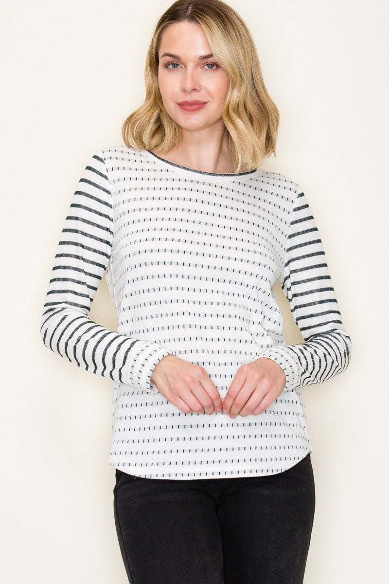 Dotted Striped Poly French Terry Top - Green